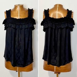 Anthropologie Semi Sheer Leaf Print Ruffled Cold Shoulder Sleeveless Top